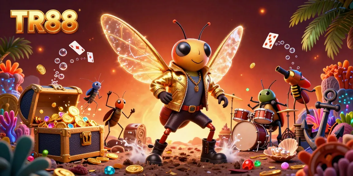Engage with TR88's vibrant gaming world, featuring a cartoon rock star and dynamic elements.