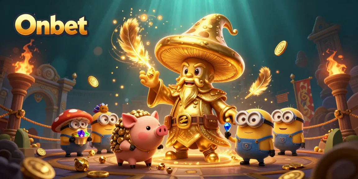 Onbet features an enchanting golden wizard and truffle pig amidst treasure in a vibrant casino scene.