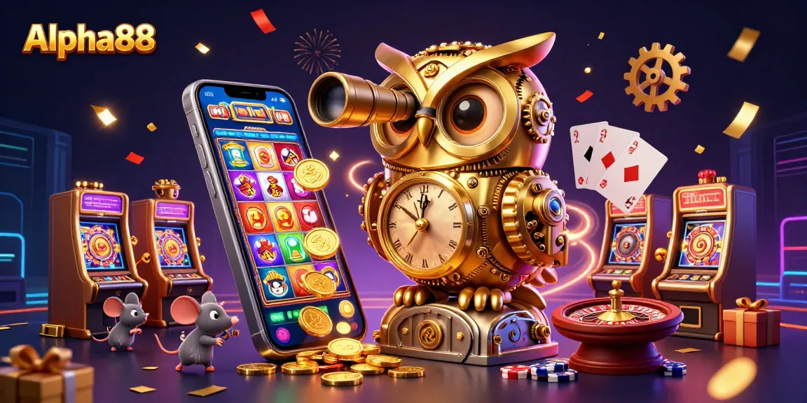 Experience Alpha88 with a golden owl scanning vibrant casino games full of excitement.