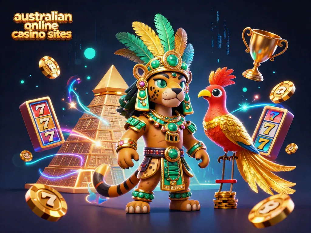 Experience excitement at australian online casino sites with vibrant illustrations of casino elements and characters.