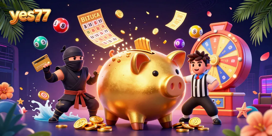 Menangkan keberuntungan dengan yes77, ilustrasi kasino kartun yang penuh dengan simbol keberuntungan.