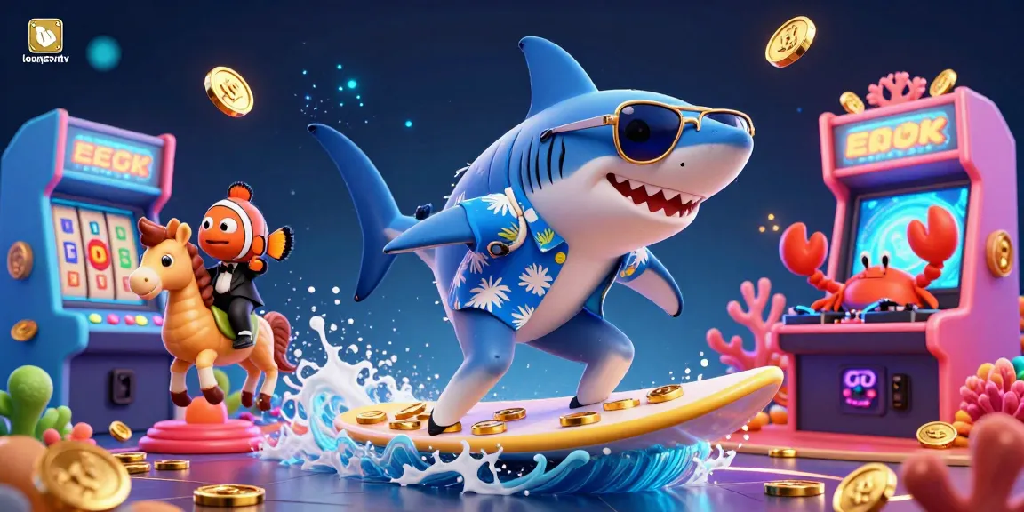 Experience dynamic casino excitement with luongsontv featuring a shark surfing on gold coins amidst vibrant game elements.