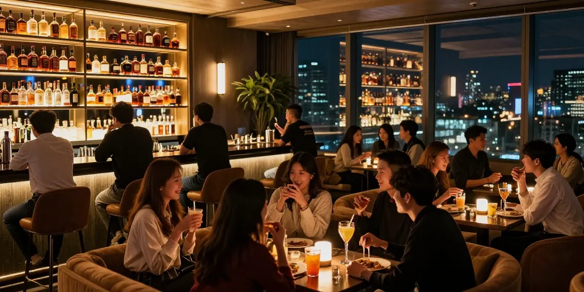 Social scene at a vibrant lounge representing the concept of 유흥사이트 with diverse patrons enjoying cocktails and conversation, reflecting a lively nightlife.