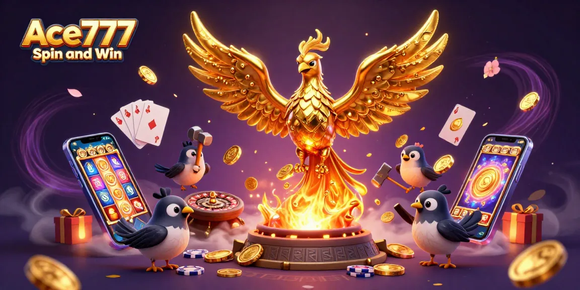 Ace777 Spin and Win showcases a molten phoenix and vibrant slot game elements amidst glowing coins.