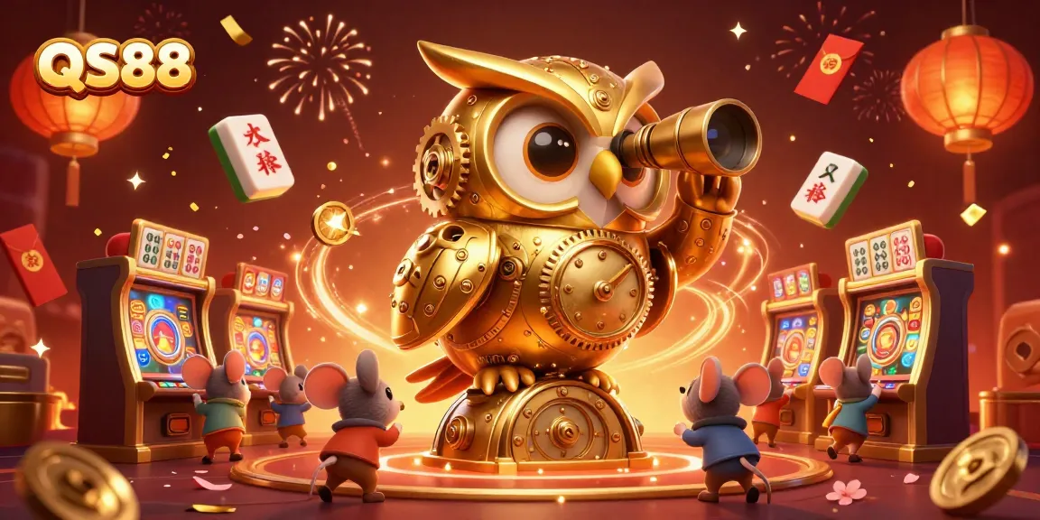 Experience the excitement of QS88 with a vibrant 3D illustration of a casino scene featuring a clockwork owl and lively gaming elements.