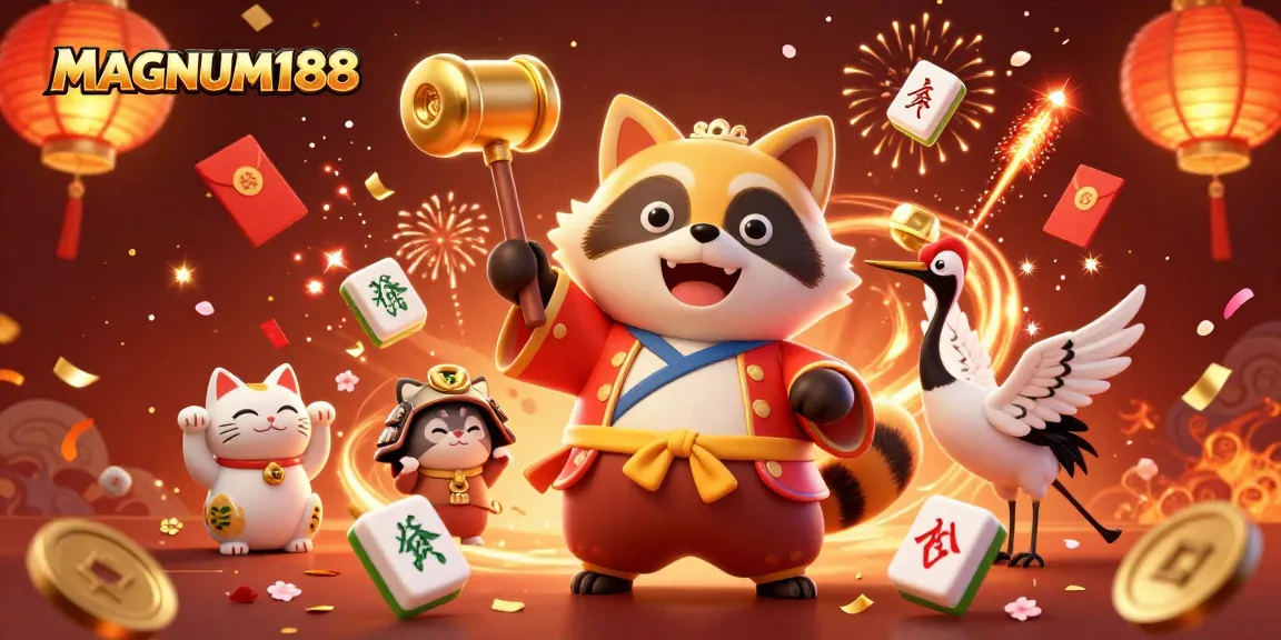 Experience the excitement of MAGNUM188 with a cheerful tanuki and festive elements in a vibrant casino scene.