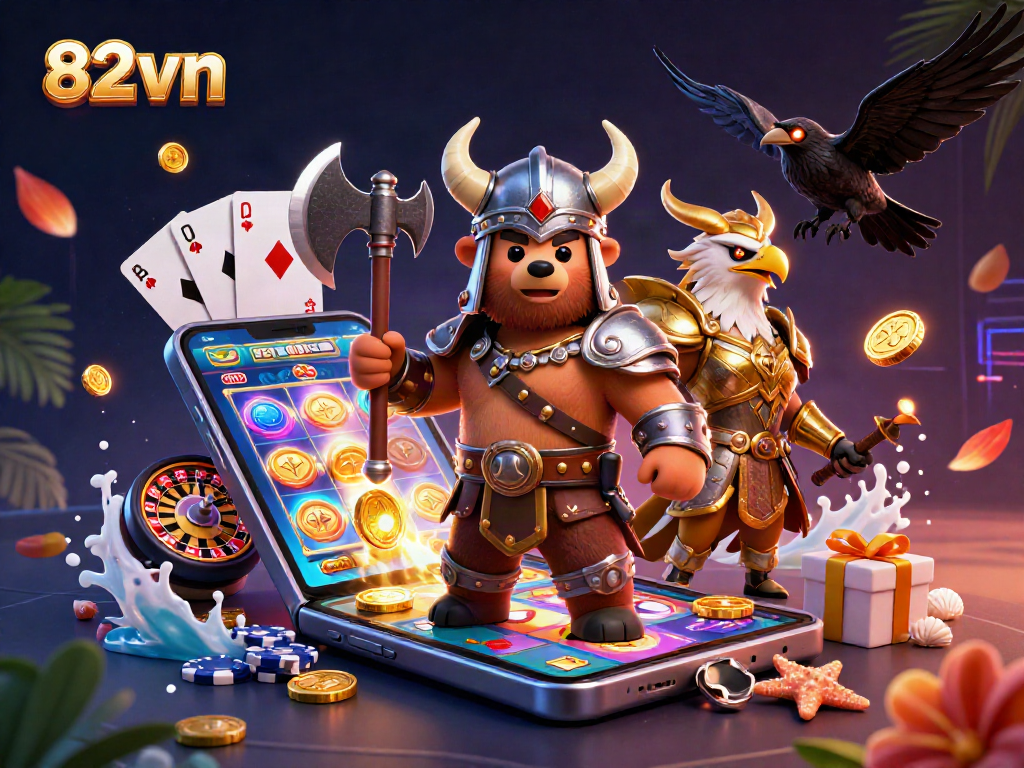 Engage with 82vn's thrilling slot gaming scene featuring Viking and Valkyrie characters.