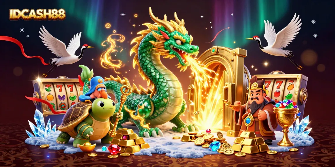 Play and win big with IDCASH88 as the jade dragon inspires fortune in this vibrant casino scene.