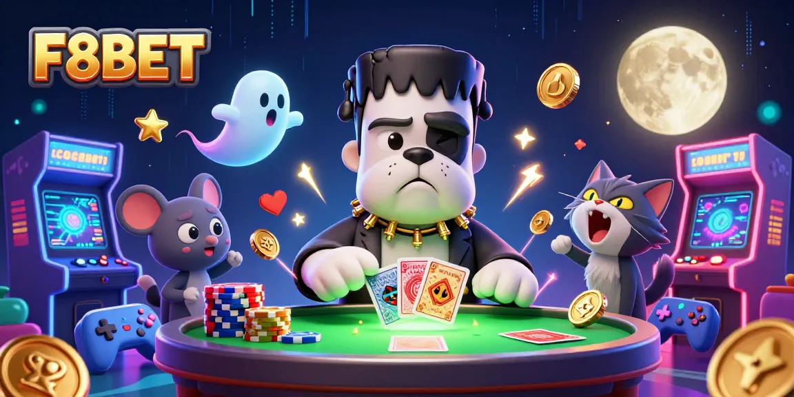 F8BET showcases a thrilling casino scene with diverse characters dealing cards, attracting players' attention.