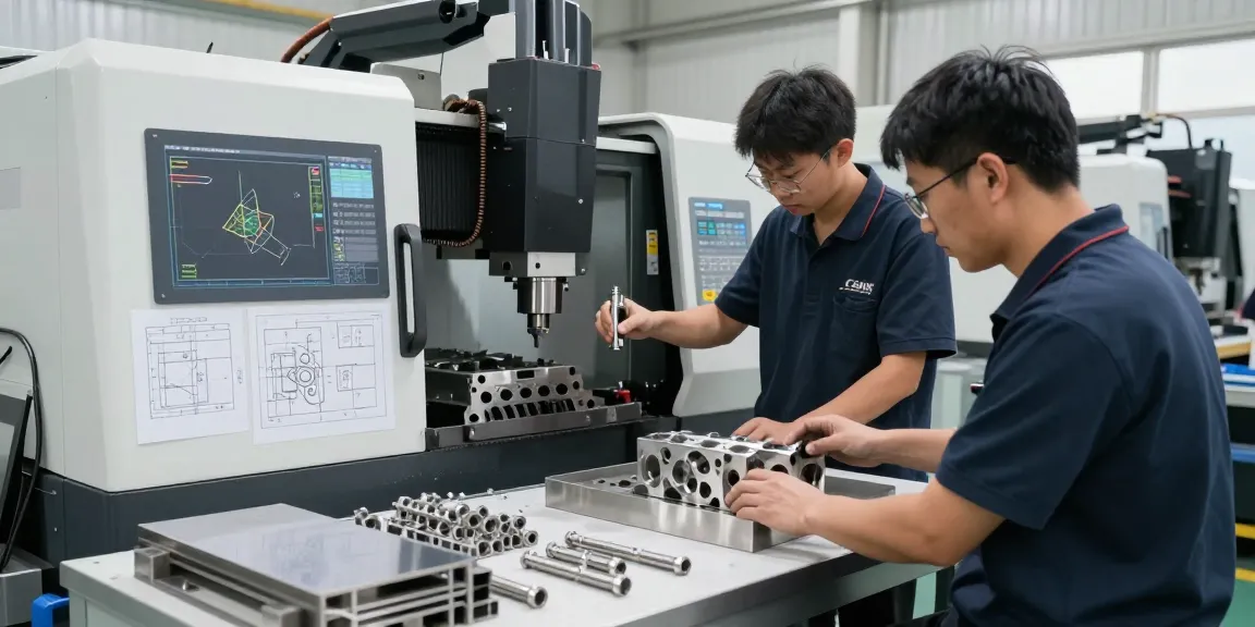 Custom stainless steel parts being produced in a modern CNC machining workshop with skilled technicians.