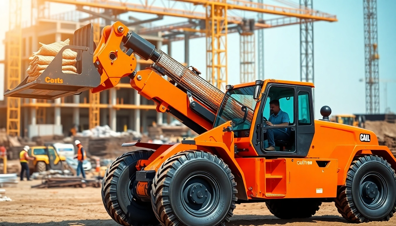 Telehandler lifting heavy materials on a construction site under bright natural light.