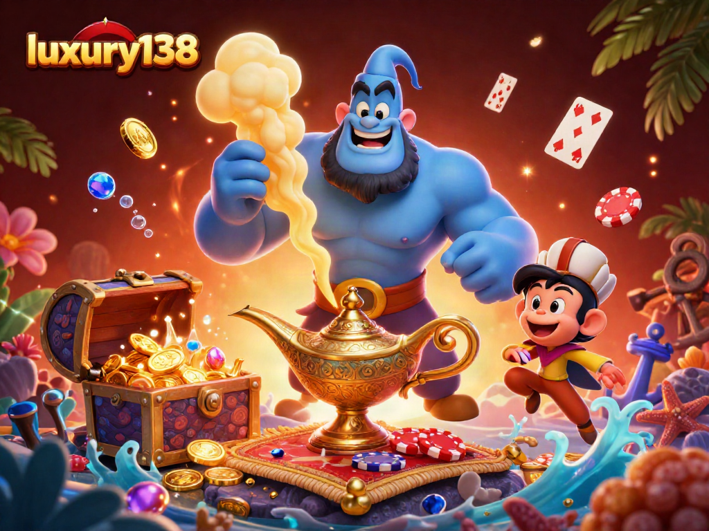 luxury138 menampilkan ilustrasi kasino 3D yang menakjubkan dengan jin, koin emas, dan kartu bermain.