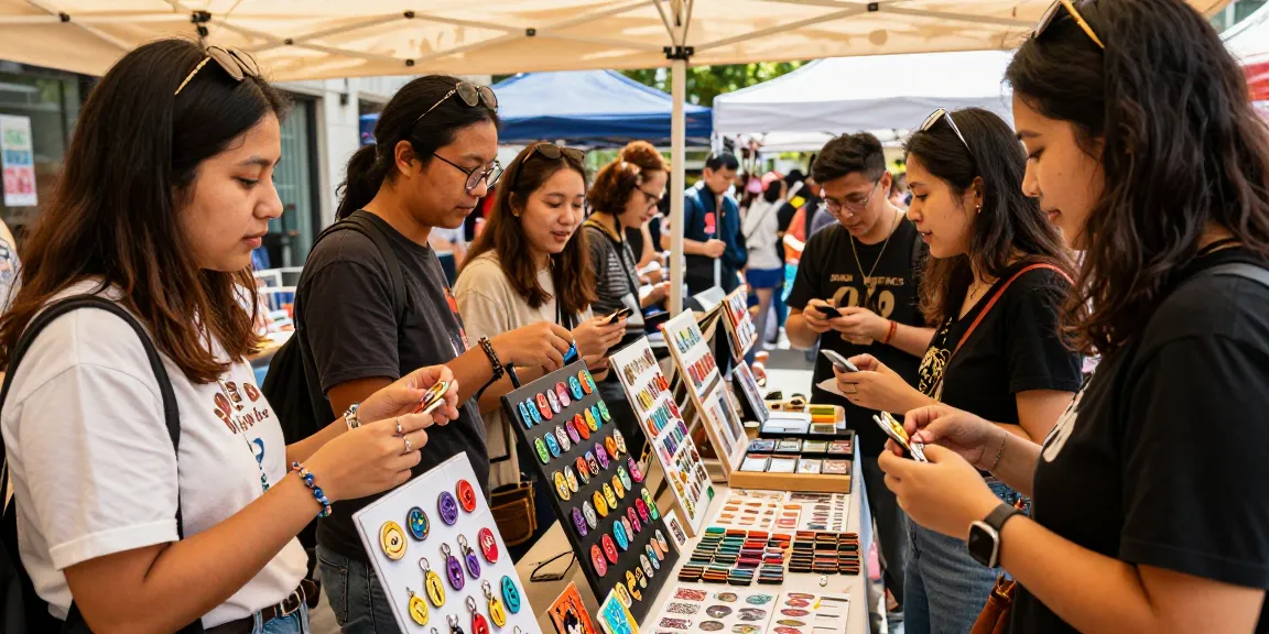 Custom acrylic pins displayed at a vibrant market, showcasing creativity and personal expression.