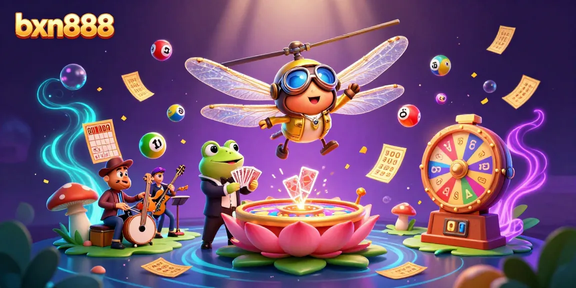 Engage with the excitement of bxn888's lottery experience amidst vibrant gaming elements and whimsical characters.