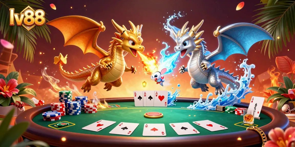 Experience the excitement of lv88 with a vibrant 3D casino scene featuring twin dragons and poker elements.