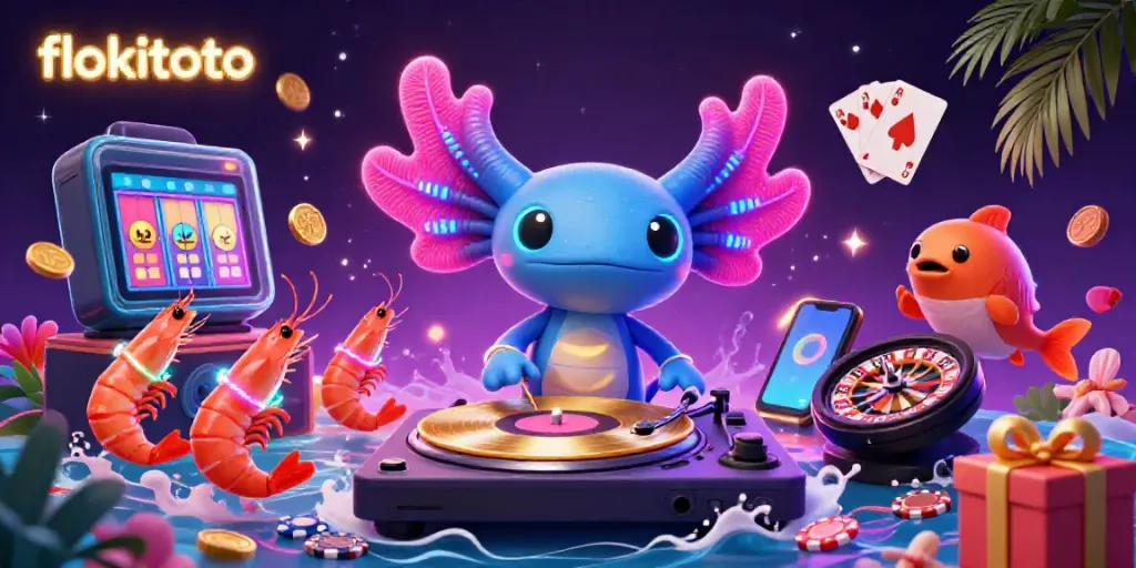 Experience the vibrant world of flokitoto as the neon axolotl DJ spins on underwater turntables with lively underwater dancers.