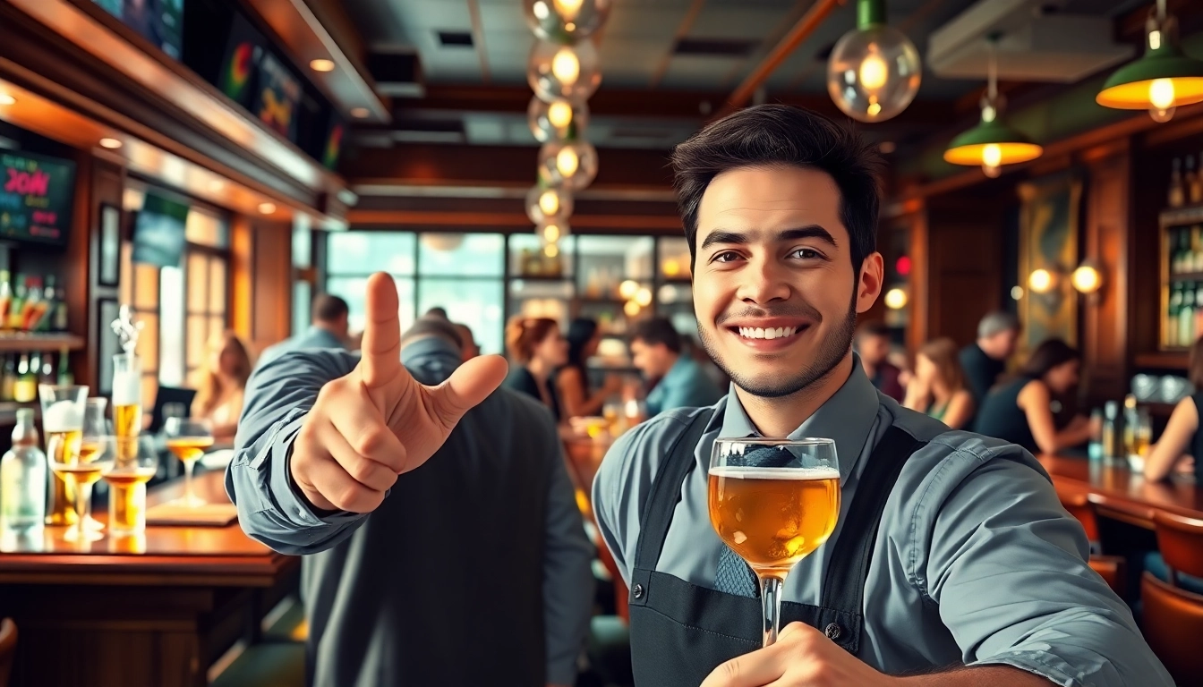 Promoting merchant cash advance for pubs and bars in a lively pub ambiance with welcoming bartender.