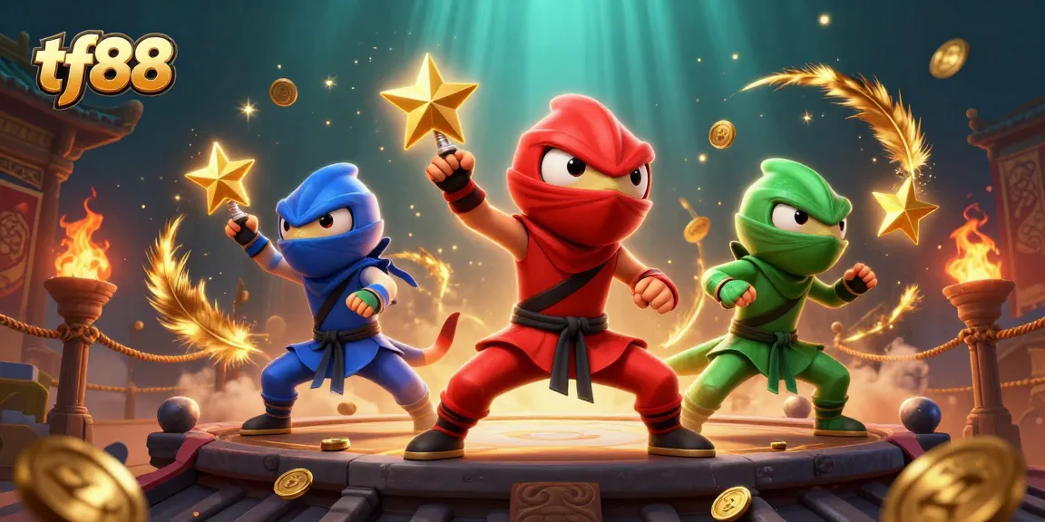 Engage with tf88's vibrant 3D casino scene featuring ninja chameleons in action with golden tokens.