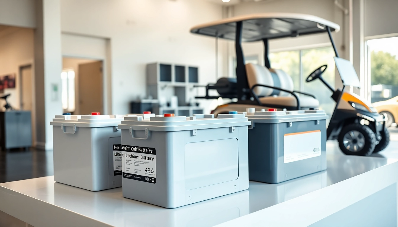 Showcase of lithium golf cart batteries in a modern display highlighting innovative features.