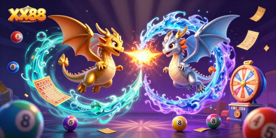 Engage with the exhilarating world of XX88, featuring golden and silver dragons amidst vibrant casino elements.