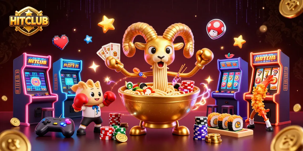 Engage with HITCLUB's vibrant casino scene featuring a golden ramen bowl dealing cards amidst gaming chaos.