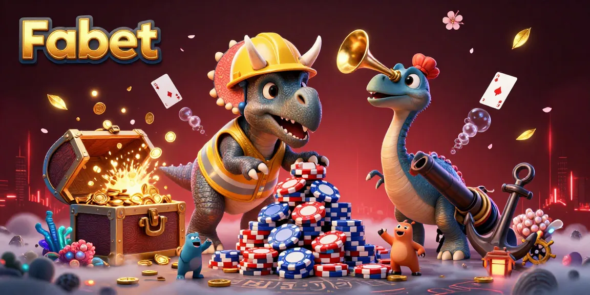 Fabet showcases thrilling gameplay with a triceratops building poker chip pyramids in a lively scene.