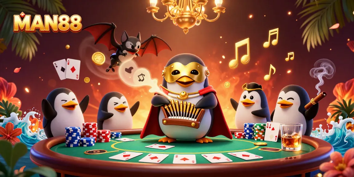 Experience the thrill of MAN88 as the phantom opera penguin plays winning melodies at a vibrantly animated casino scene.