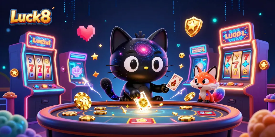 Luck8 engages players with a cosmic casino experience filled with vibrant slot machines and golden chips.