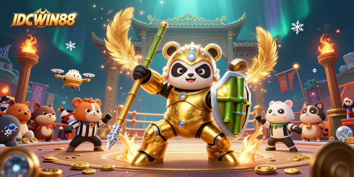 Experience thrilling gameplay at IDCWIN88 where a golden panda battles in an arena filled with excitement.