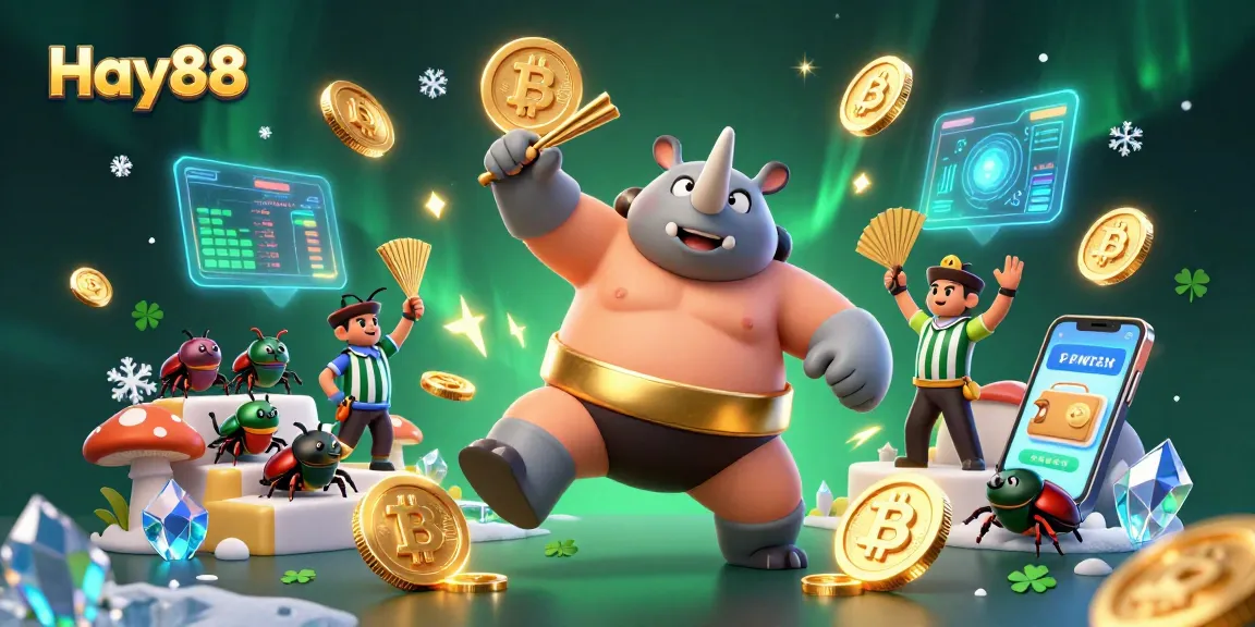 Celebrate victories at Hay88 with vibrant casino-themed illustration featuring gold coins and crypto elements.