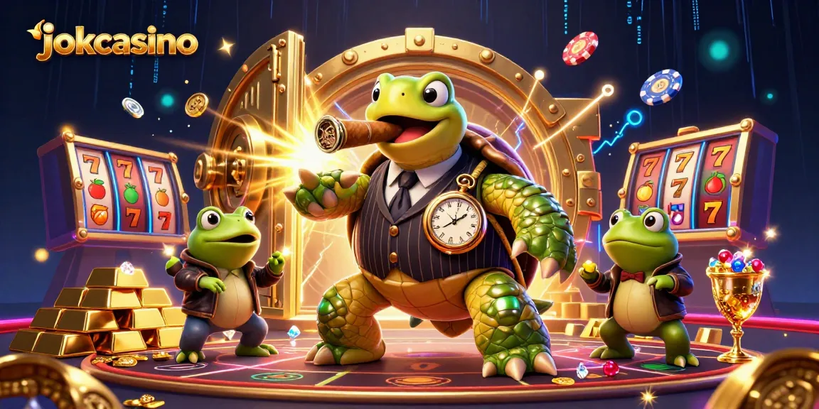 Join the gaming action at jokacasino with a vibrant, animated casino scene featuring characters and slot elements.