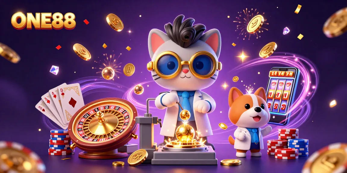 Experience the thrill of ONE88 with this vibrant 3D casino scene featuring dynamic elements.