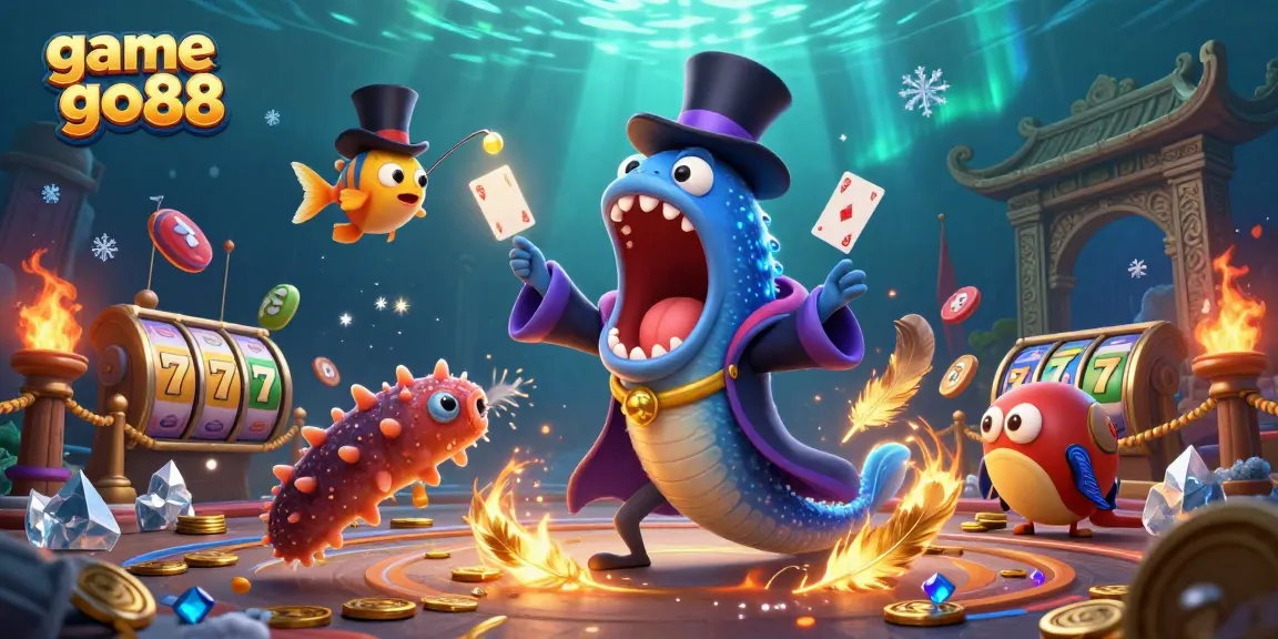 Engage with game go88 magic: a deep-sea eel performing card tricks in a vibrant underwater casino