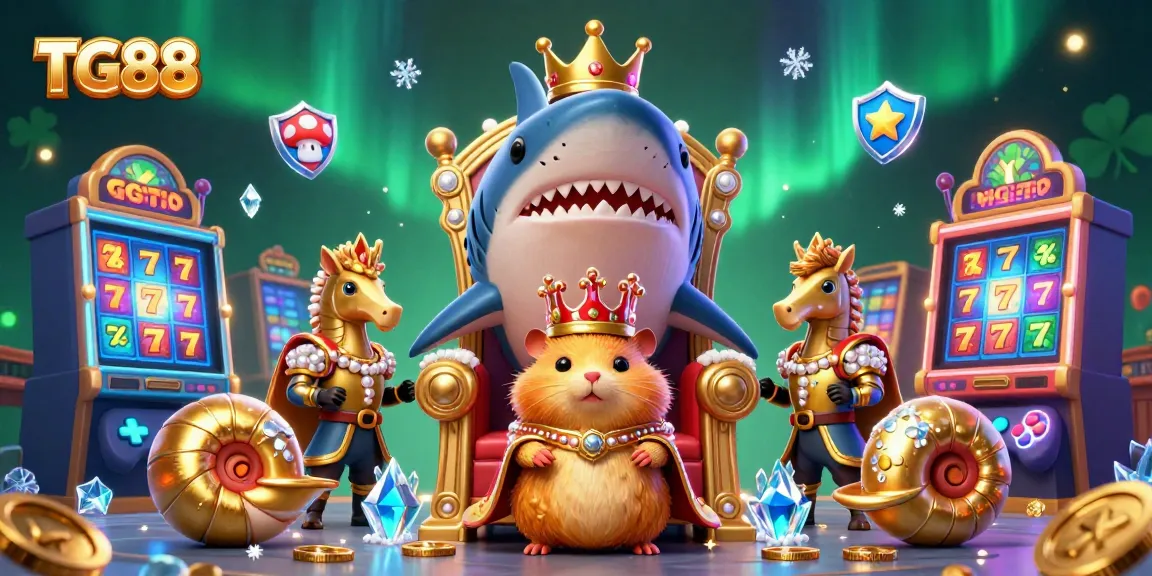 Experience exciting gaming adventures at TG88 with vibrant slot machines and adorable characters in a rich detail illustration.