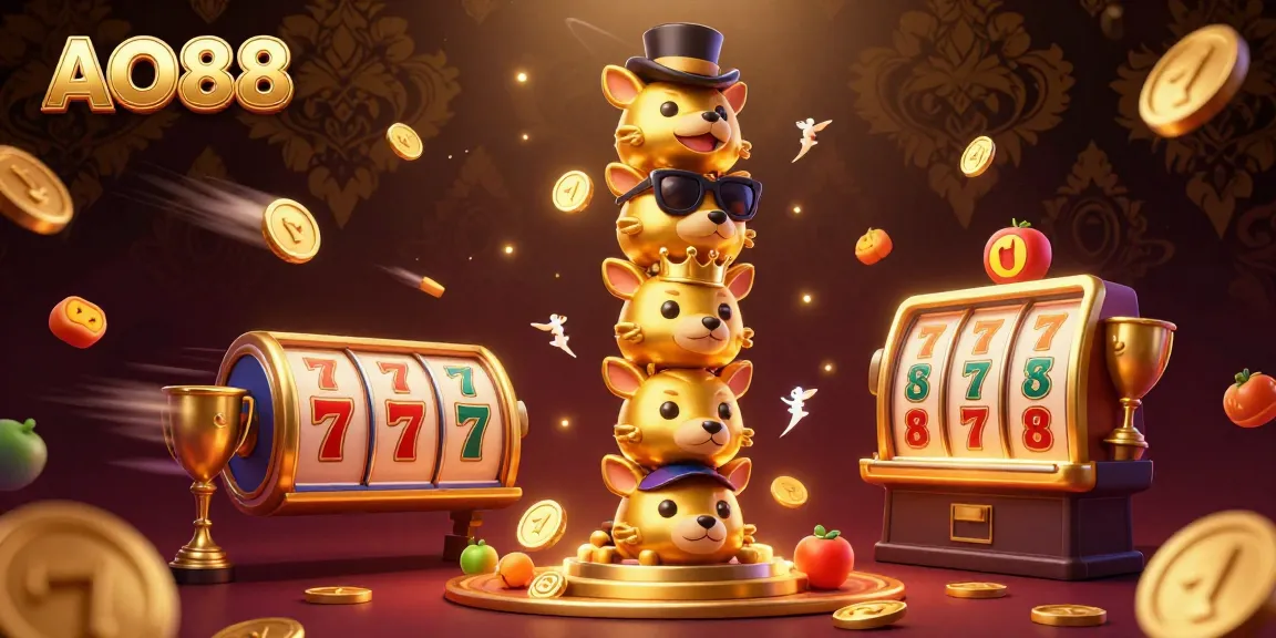 Spin the reels at AO88 with vibrant jackpot symbols, gold coins, and exciting game elements.