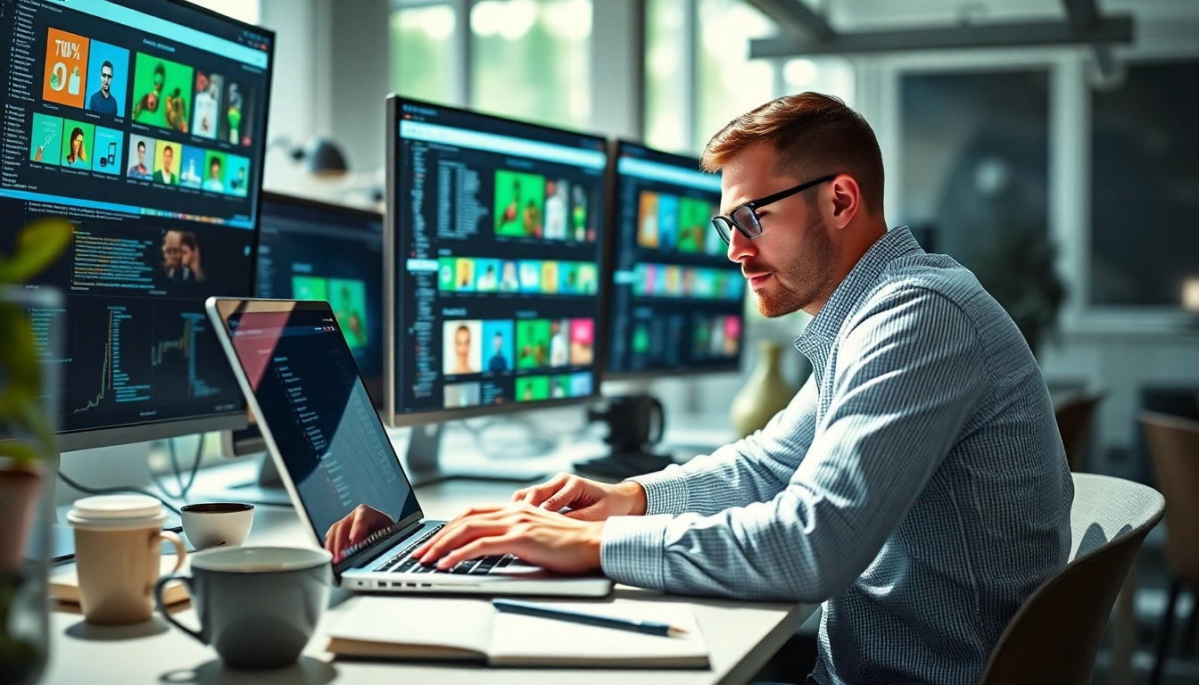 Hire Shopify developer focused on coding in a bright office environment with multiple screens.