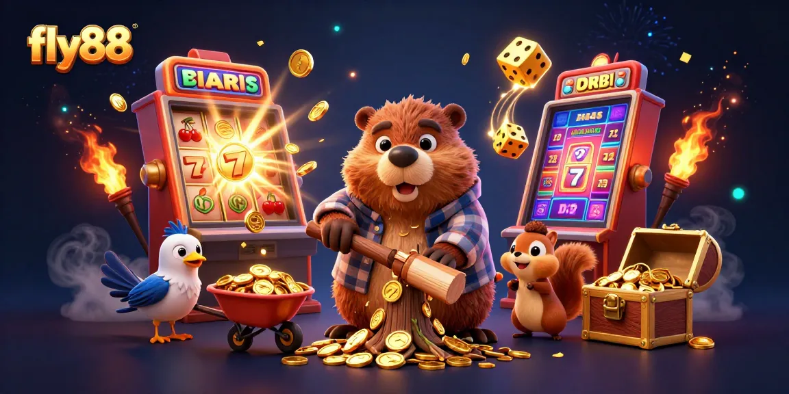 Experience the thrill of fly88 with a lively scene featuring a lumberjack beaver and dynamic casino elements.