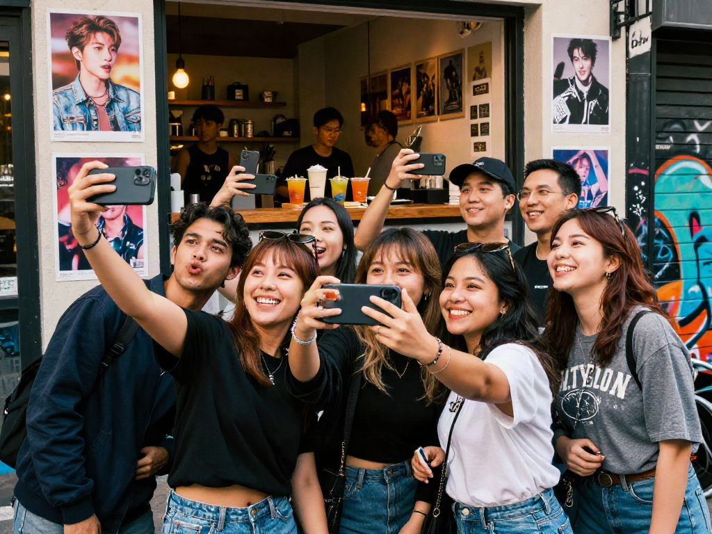 Group of friends having fun comparing selfies who looks like a celebrity in an urban setting.
