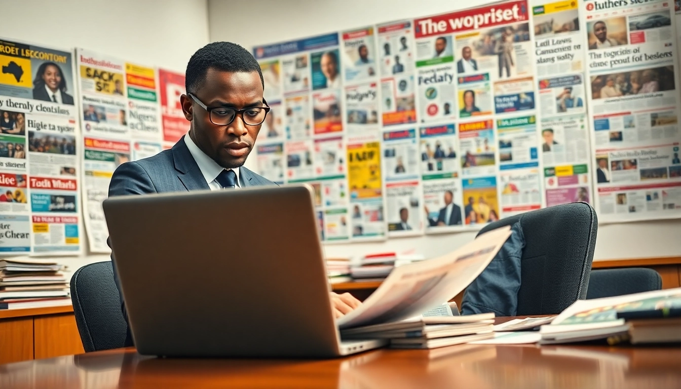 Nigerian Newspaper Headlines displayed in a dynamic newsroom setting emphasizing media engagement.