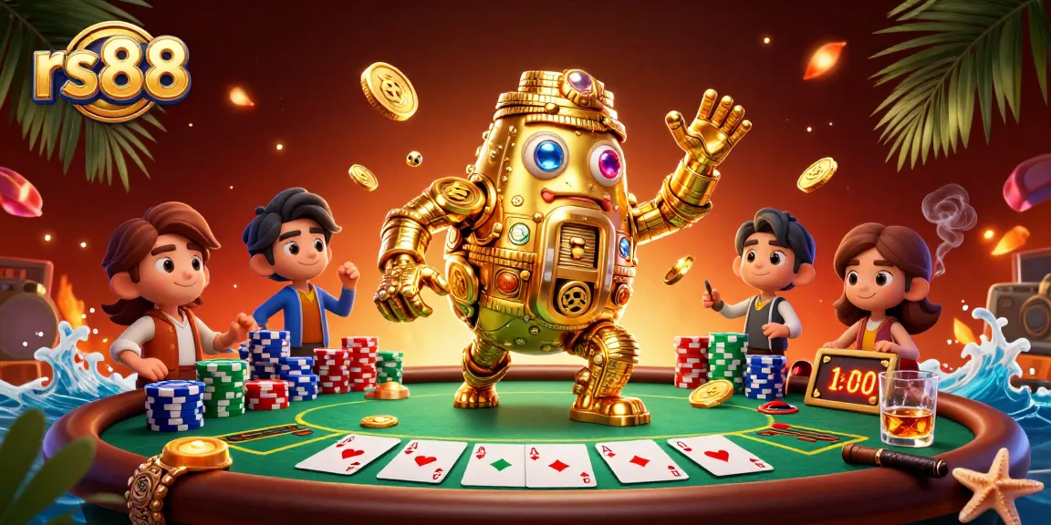 Engage happily with a dynamic scene showcasing the rs88 golden golem amidst casino excitement and poker action.