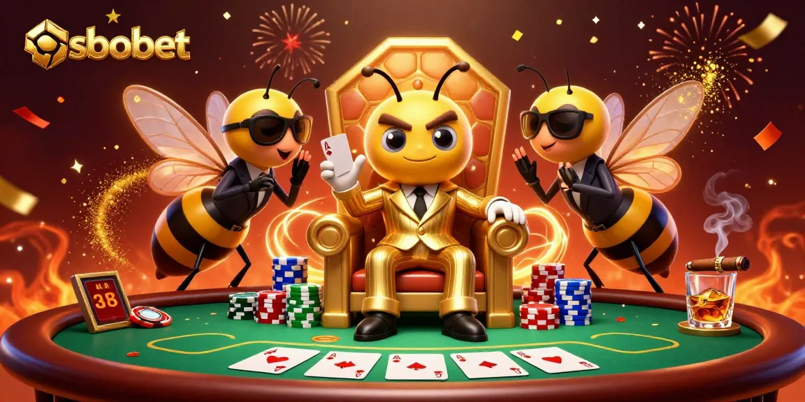 Bet on sbobet with vibrant animation from a cartoon mob scene of gambling with poker elements.