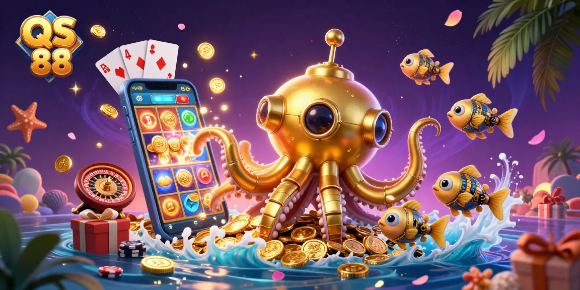 Engage with QS 88 thrilling online casino gaming featuring slot games, poker, and roulette in a vibrant illustration.