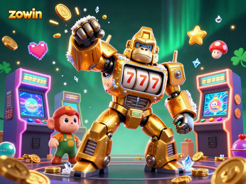 Zowin delivers exhilarating casino adventures with a golden gorilla mech and vibrant gaming icons.