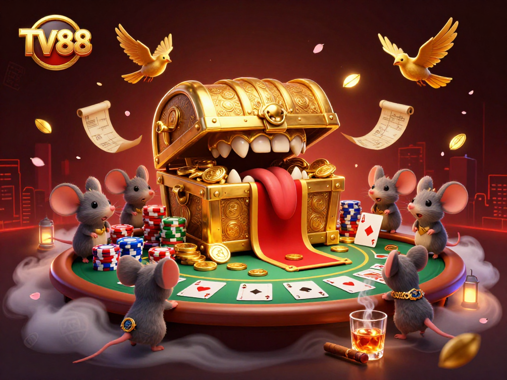 Engage in thrilling games at TV88 with a cartoon treasure chest and poker elements.
