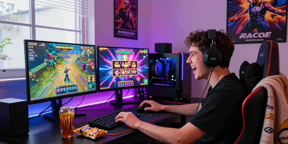 Player immersed in slot gacor gaming with vibrant screens and accessories.