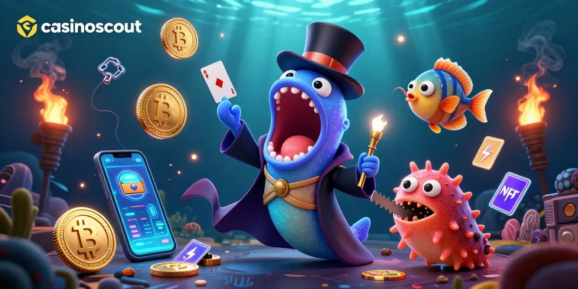 casinoscout showcases a magical scene with deep-sea creatures performing card tricks amid glowing crypto elements.