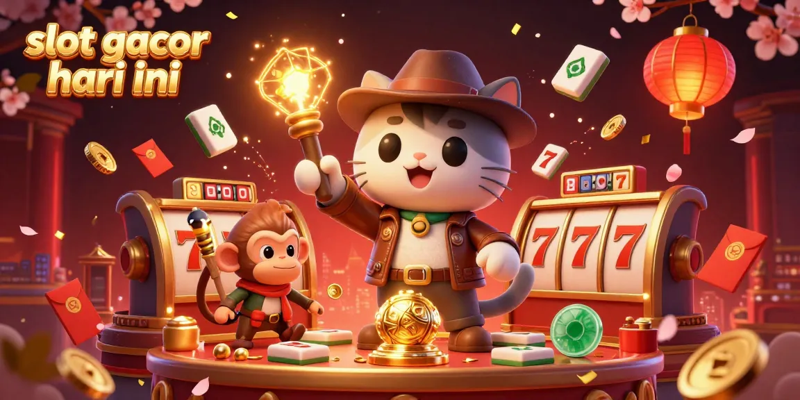 Pemandangan slot gacor hari ini yang menarik dengan penjelajah kucing kartun 3D dan artefak kasino.