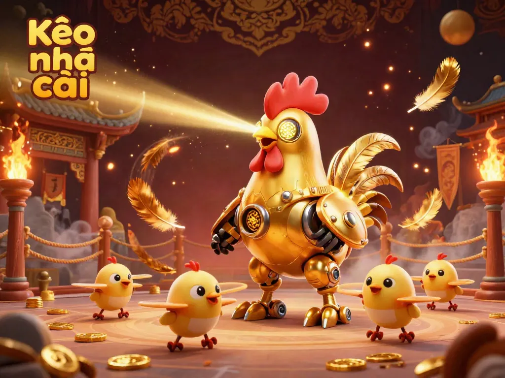 Experience the thrill of Kèo nhà cái with a dynamic 3D rooster robot amidst betting tokens and arena elements.