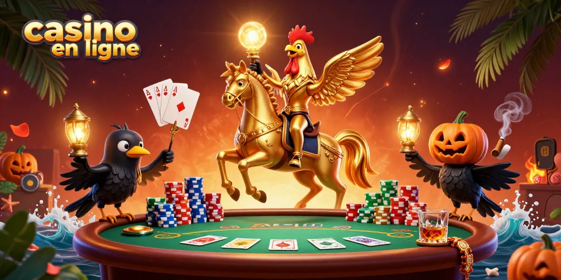 Tableau dynamique illustrant une scène de casino en ligne avec un coq d'or et des éléments de jeu captivants