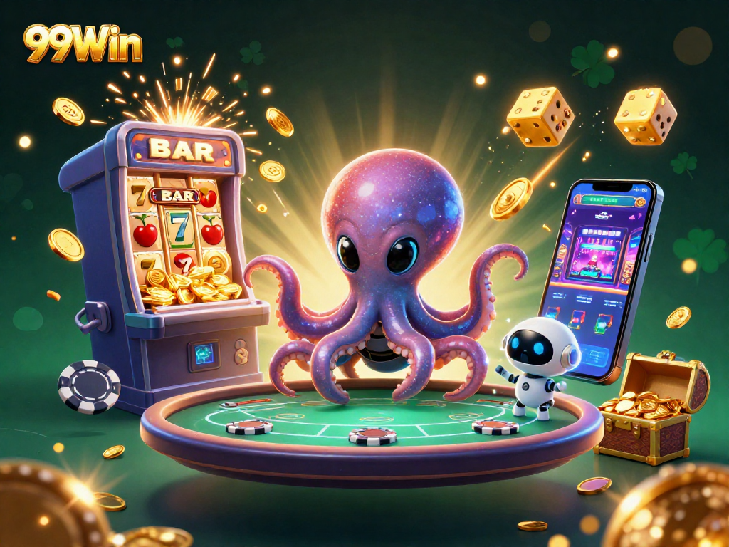 Experience thrilling gameplay with 99Win at a holographic poker table in a vibrant casino setting.